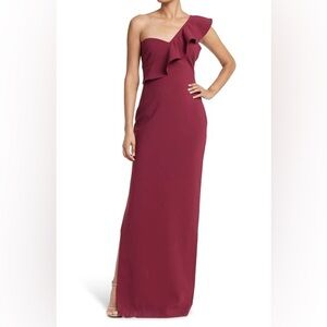 LIKELY Halsey Ruffle One Shoulder Gown In Zinfandel